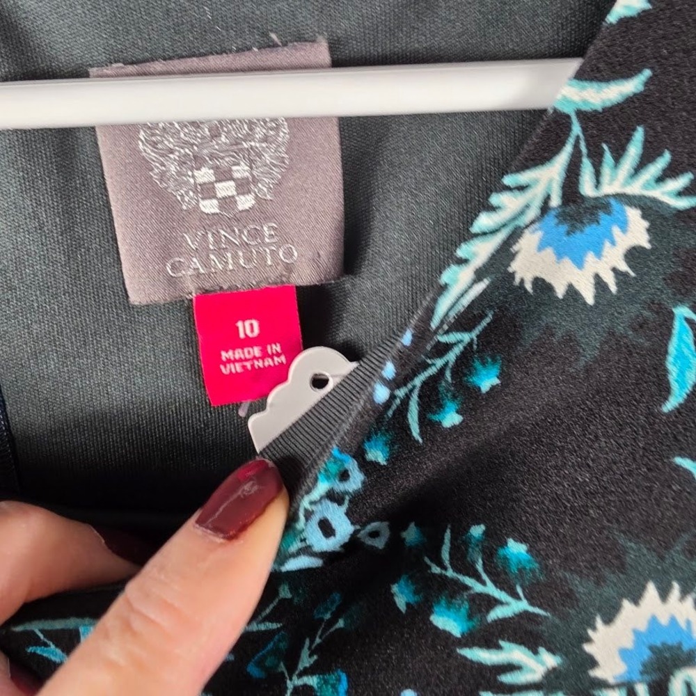 Vince‎ Camuto Bell Sleeve  Dress Black Teal Blue Floral Print Geometric Pattern - Picture 5 of 7